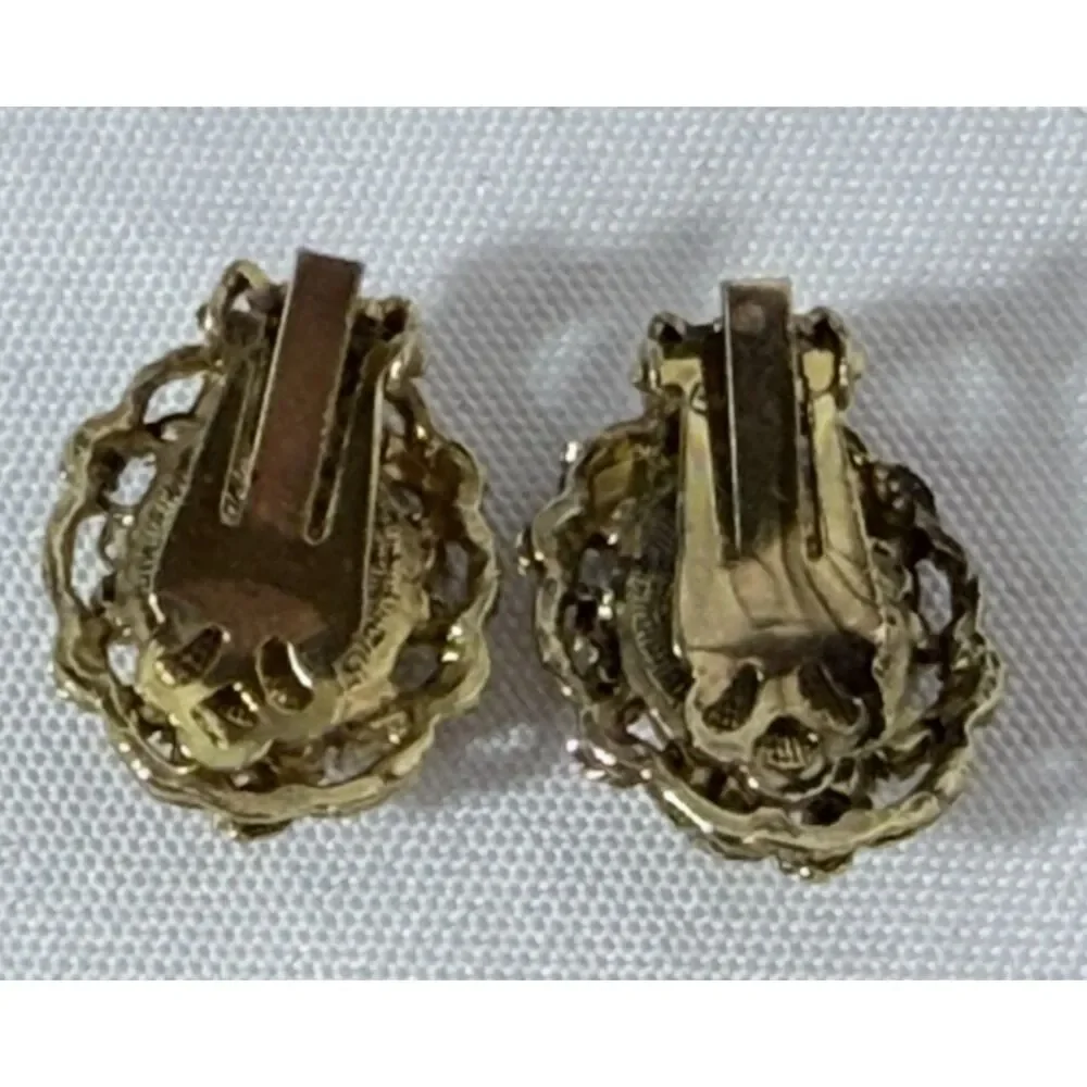 VTG Cameo Pink Resin Gold Tone Filigree Clip on Earrings Pin Brooch Victorian